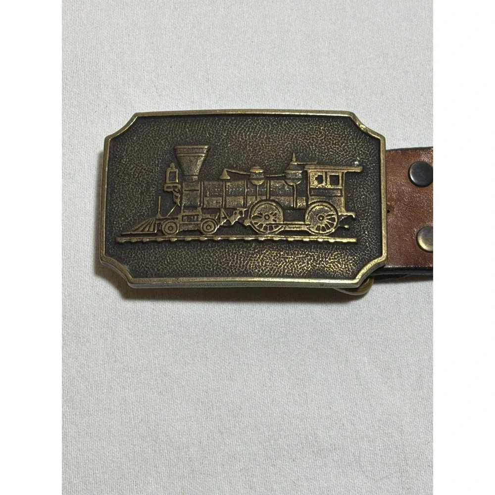 Mens Vintage Tooled Leather Belt Solid Brass Steam Train Locomotive Buckle 48in